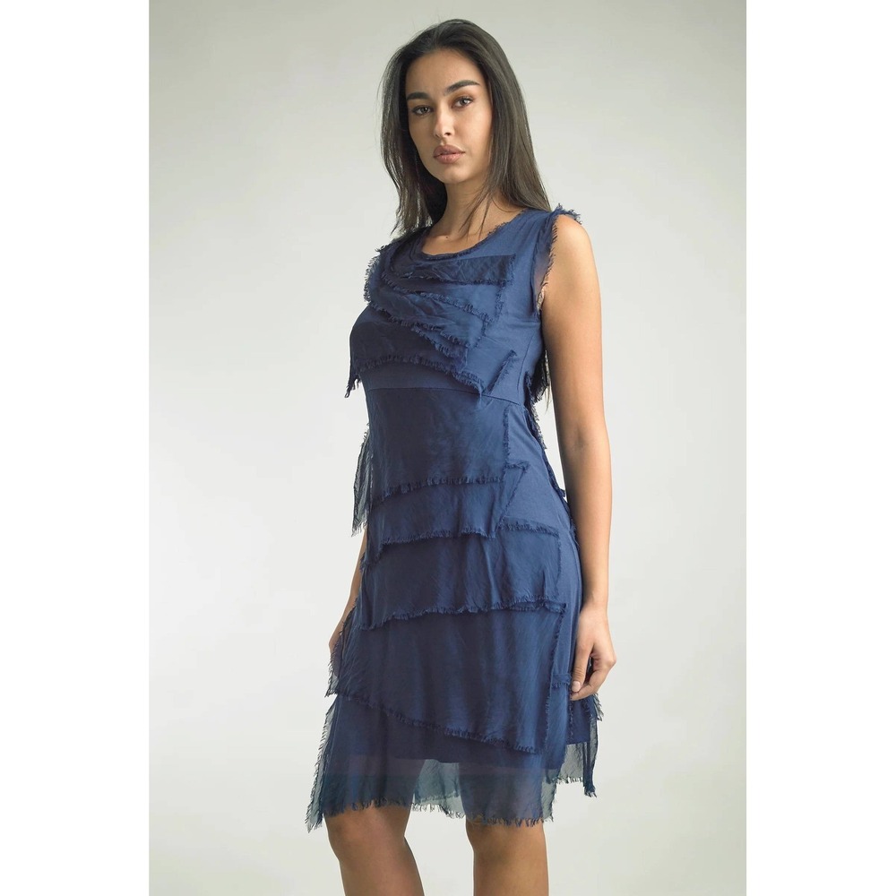 Tempo Paris Tiered Silk Dress Womens XL Blue NWT Made in Italy Frayed Boho Shift